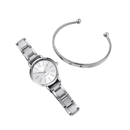 Women's Casual Stainless Steel Quartz Watch & Love Bracelet Set