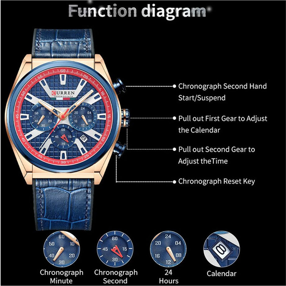 CURREN Men'S Watches Fashion Sports Chronograph Dials Watch Men Quartz Leather Waterproof Wristwatches for Male Clock