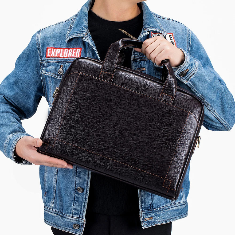 Men'S Leather Handbag, Top Layer Cowhide Briefcase, Leather Laptop Bag, Diagonal Cross Office Bag