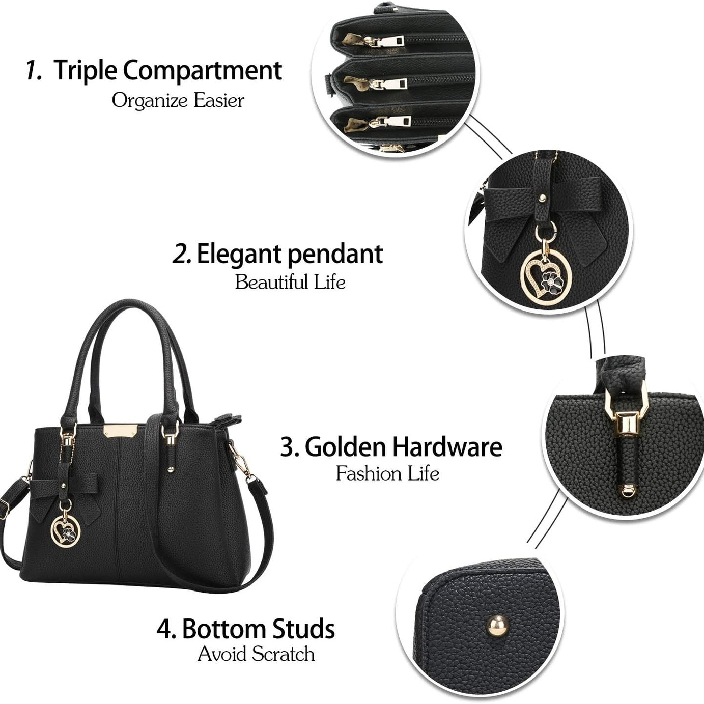 3 Zippered Compartments Purses and Handbags for Women