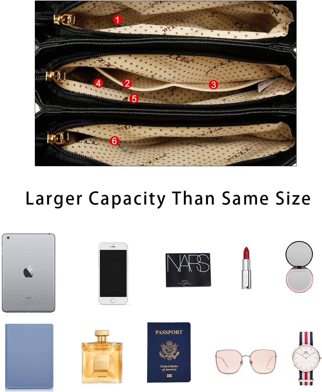 3 Zippered Compartments Purses and Handbags for Women