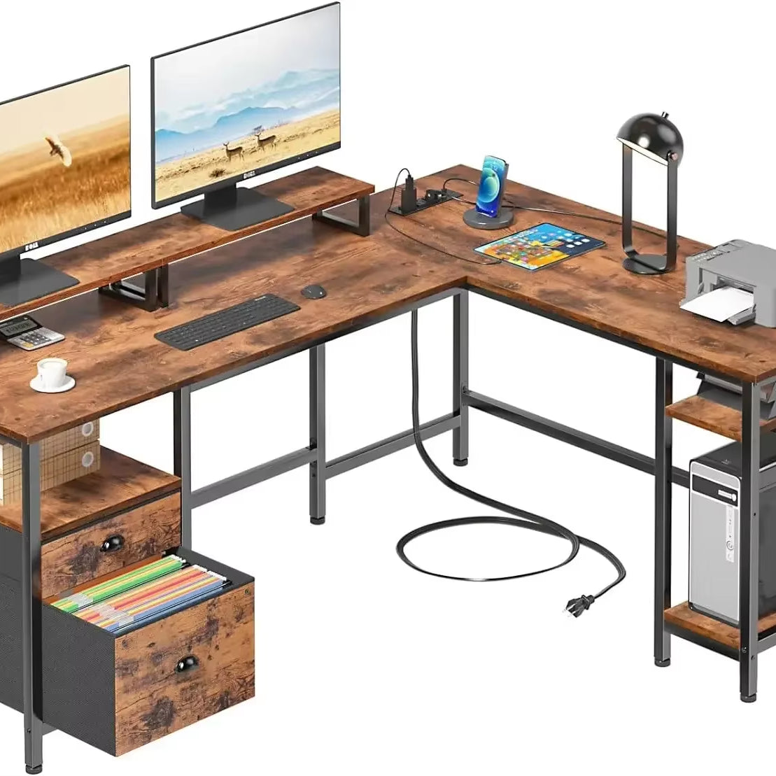 Rustic L-Shaped Computer Desk with Shelves, Foldable, Dual Monitor Stand