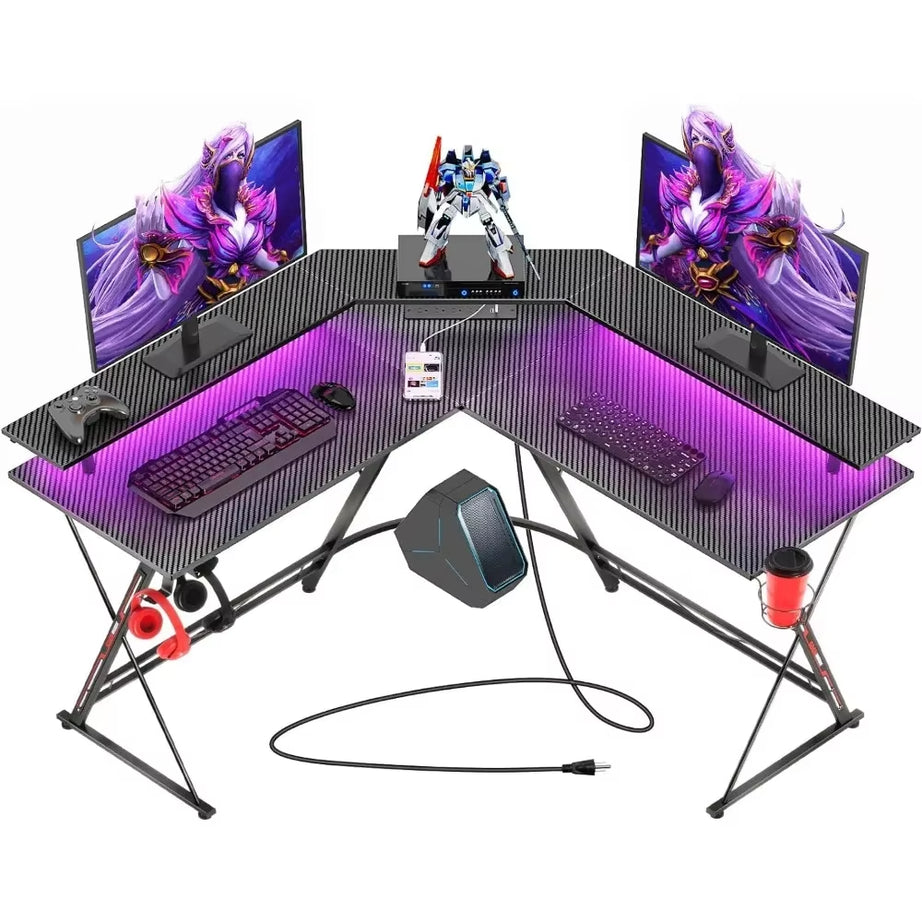 L-Shaped Gaming Desk with LED Lights, Monitor Stand & Outlets