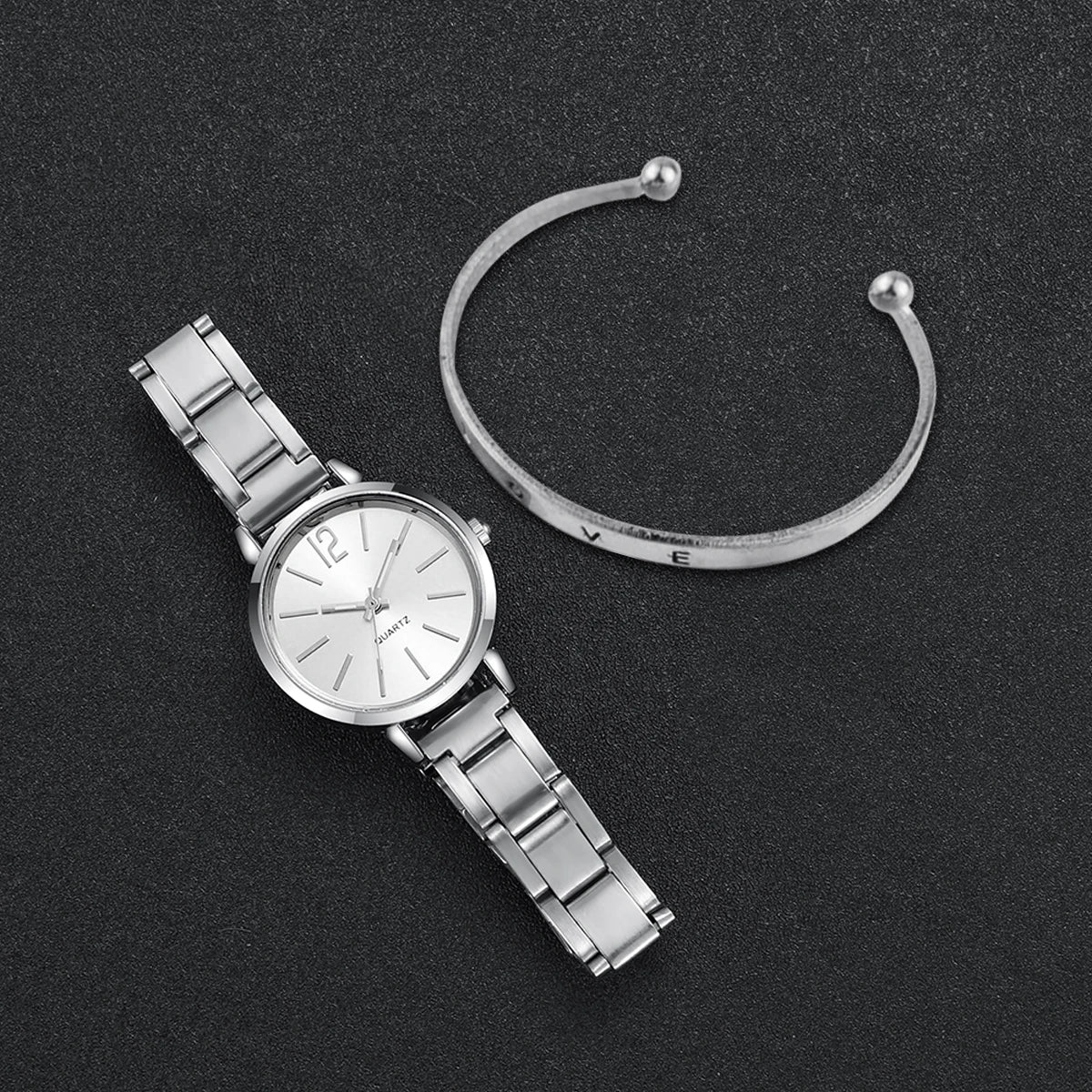 Women's Casual Stainless Steel Quartz Watch & Love Bracelet Set