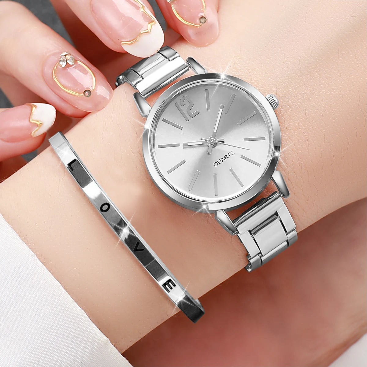 Women's Casual Stainless Steel Quartz Watch & Love Bracelet Set
