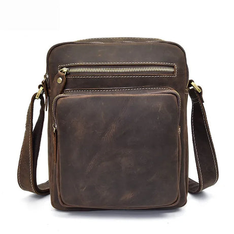 Men'S Vintage Crazy Horse Leather Bag Ipad Cow Leather Shoulder Bag Zip around Casual Crossbody Bag Cowhide Briefcase Purse