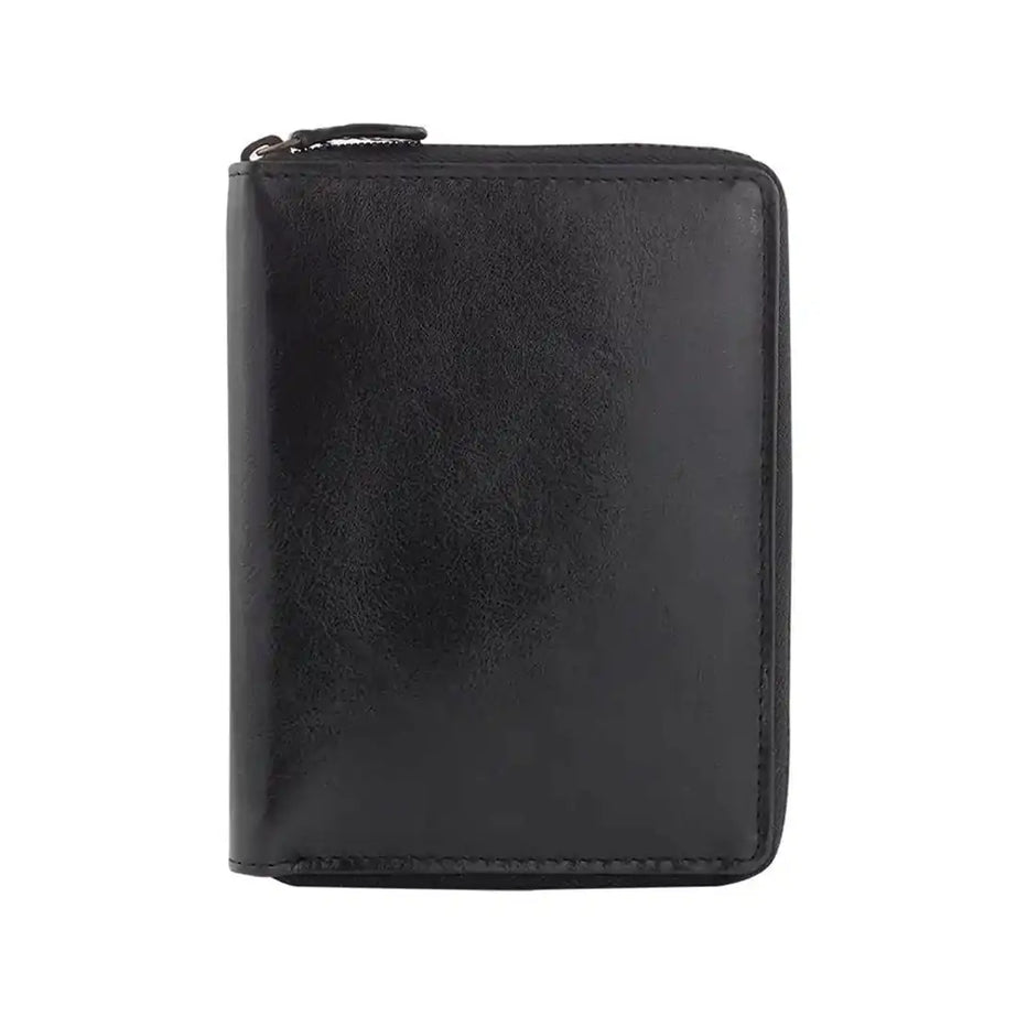 Unisex Mens Womens RFID Genuine Leather Wallet Zipper Clutch Purse Rugged Hide-Black