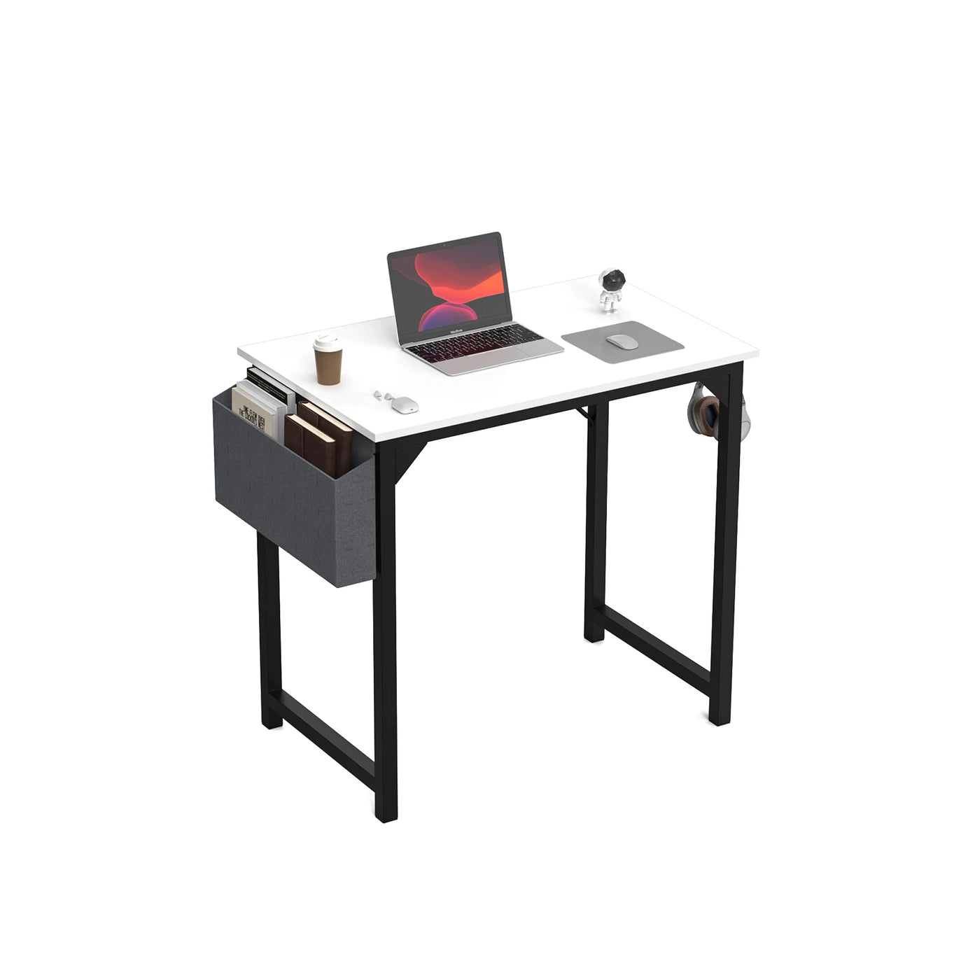 Compact Modern Computer Desk with Side Bag, Headphone Hook