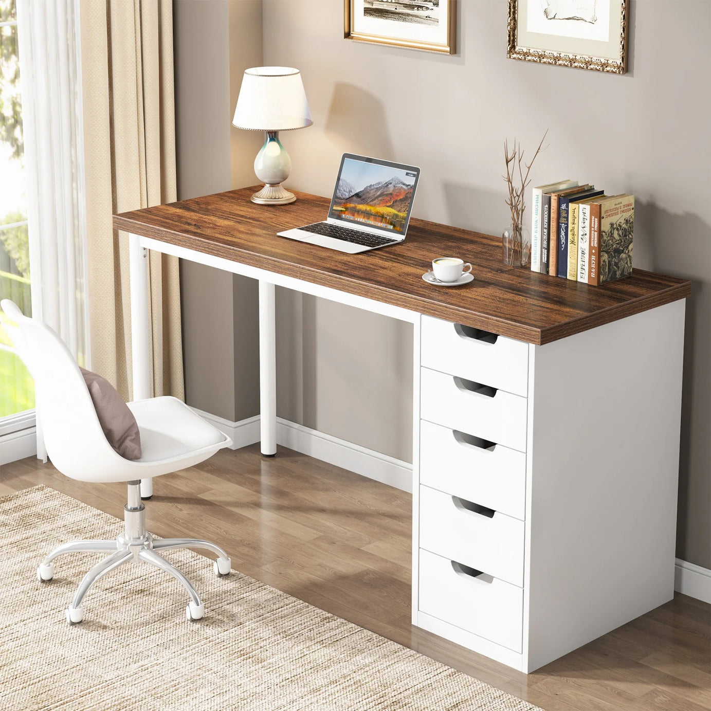 47" Rustic Brown Computer Desk with 5 Drawers, Storage