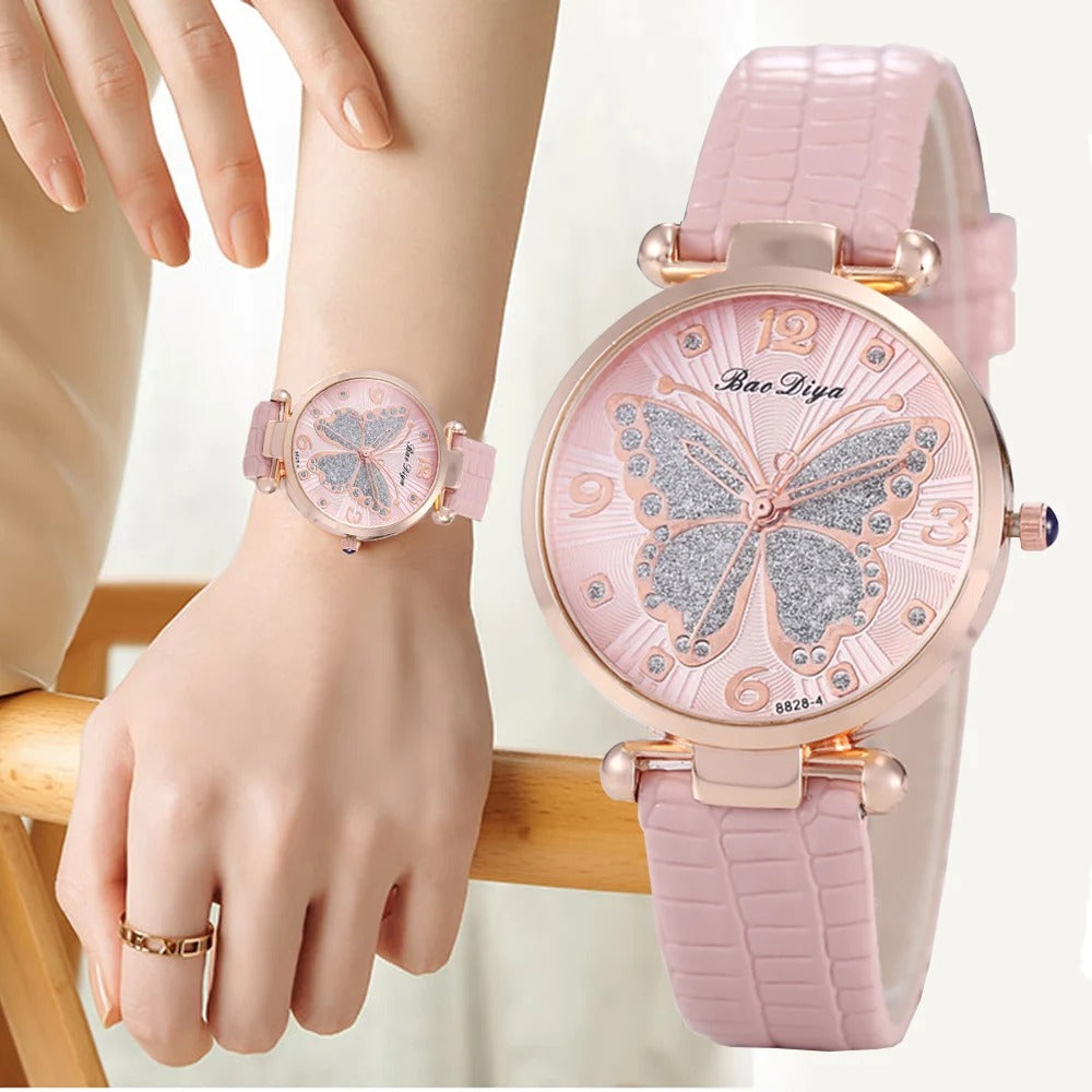 Women's Butterfly Diamond Dial Leather Quartz Watch