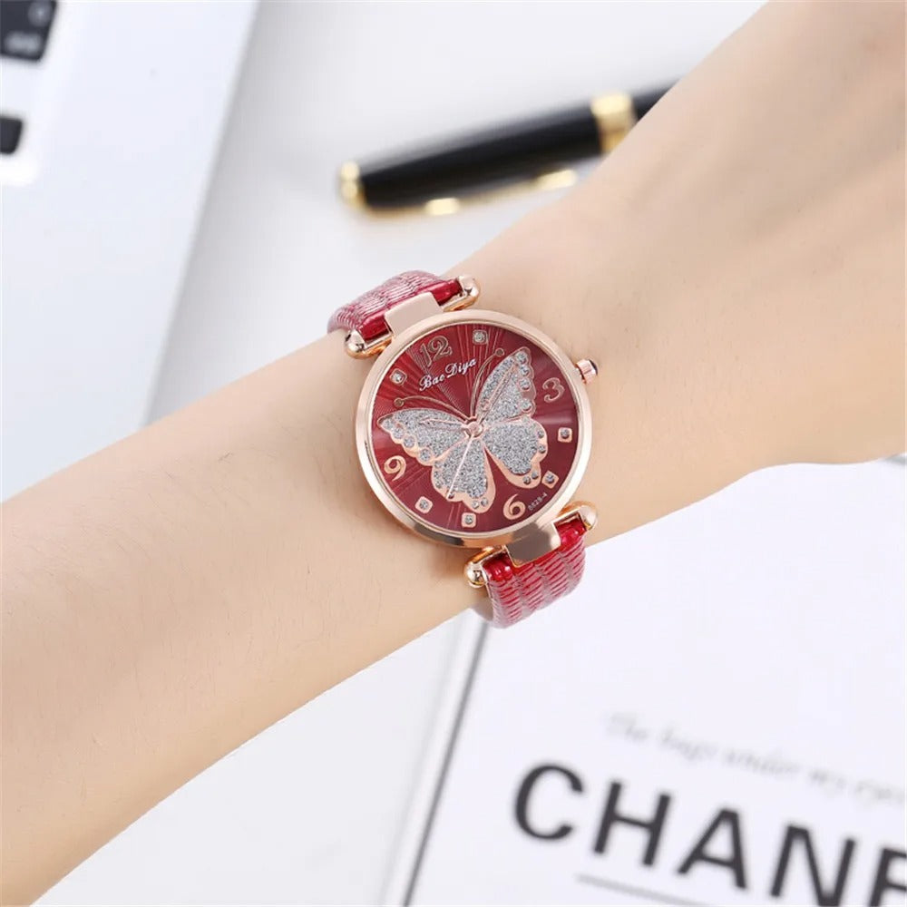 Women's Butterfly Diamond Dial Leather Quartz Watch
