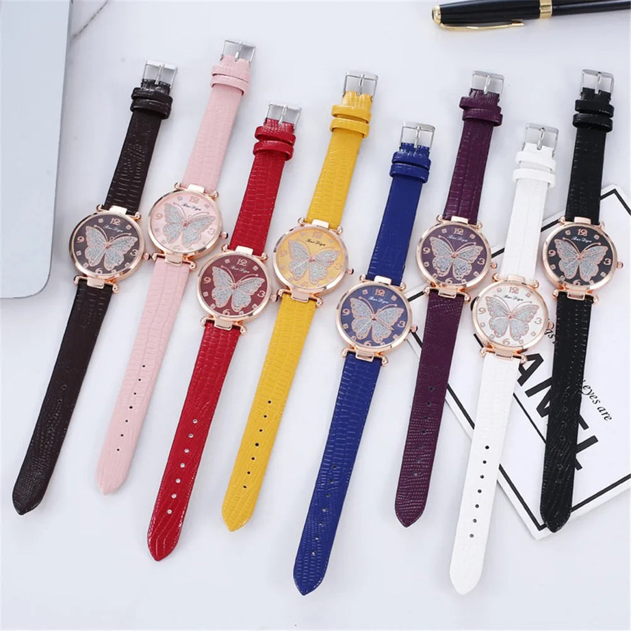 Women's Butterfly Diamond Dial Leather Quartz Watch
