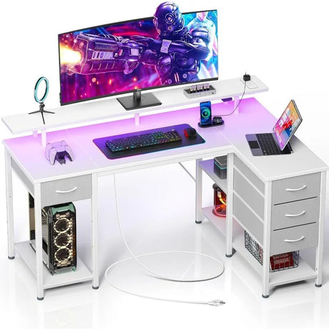 L-Shaped Desk 47.2" with Drawers, LED Lights & Power Outlets