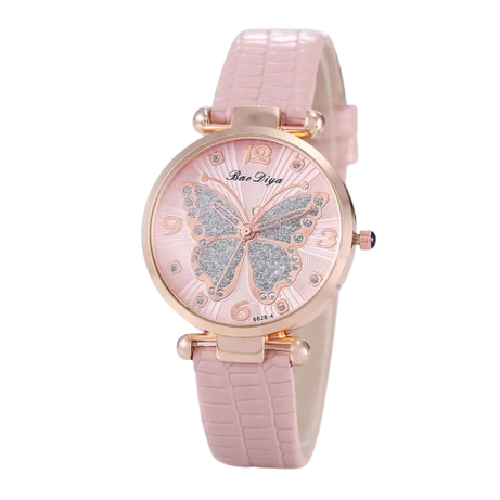 Women's Butterfly Diamond Dial Leather Quartz Watch