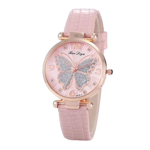 Women's Butterfly Diamond Dial Leather Quartz Watch