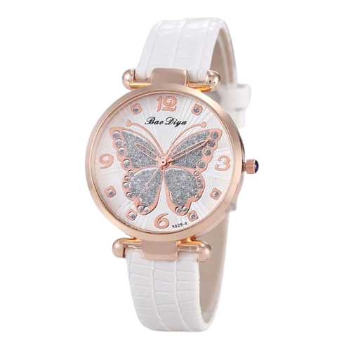 Women's Butterfly Diamond Dial Leather Quartz Watch