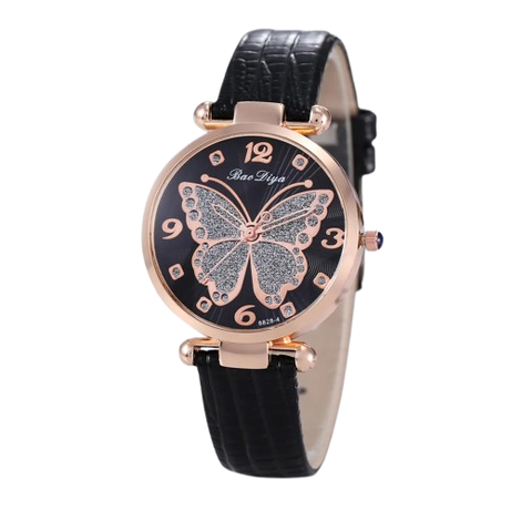 Women's Butterfly Diamond Dial Leather Quartz Watch