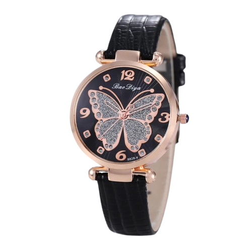 Women's Butterfly Diamond Dial Leather Quartz Watch