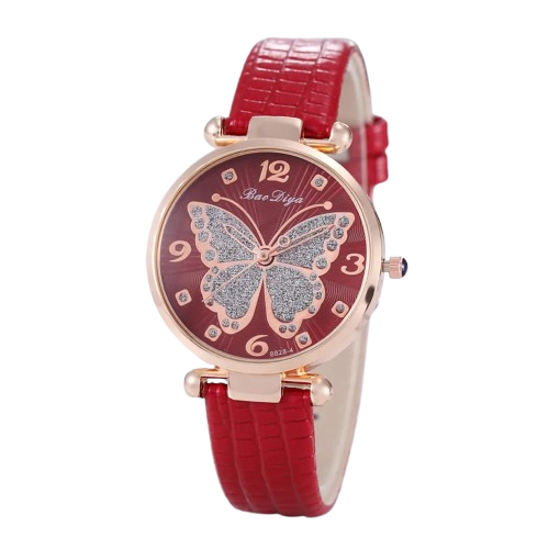 Women's Butterfly Diamond Dial Leather Quartz Watch