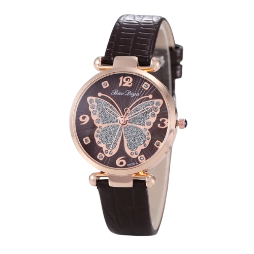 Women's Butterfly Diamond Dial Leather Quartz Watch