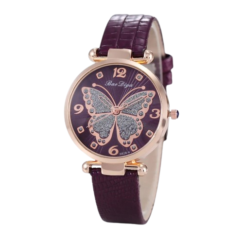 Women's Butterfly Diamond Dial Leather Quartz Watch